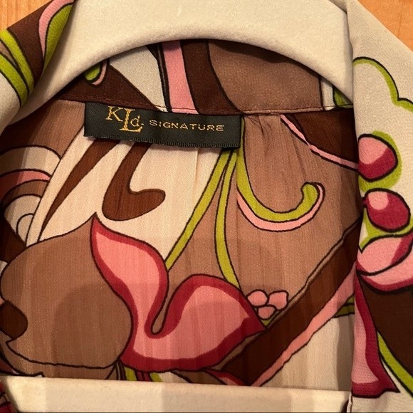 KLD Signature Floral Print Button Up Pleated Blouse Long Sleeve Brown Sz S/M - Picture 4 of 7